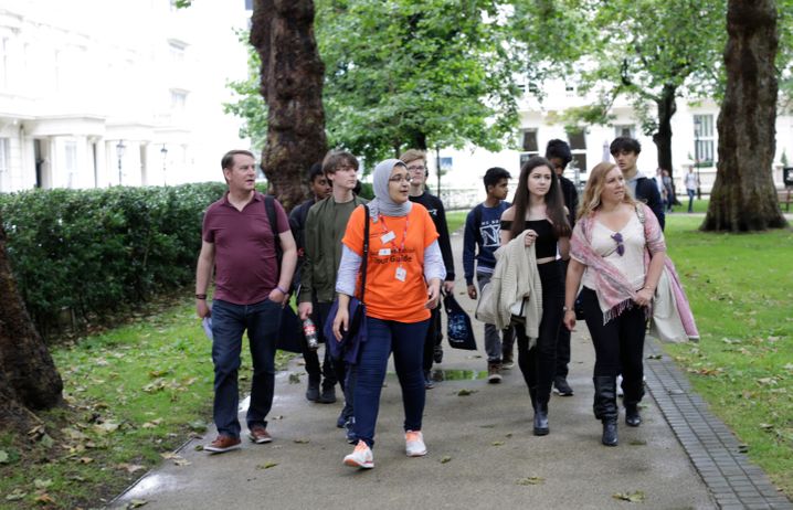 A campus walking tour in progress.