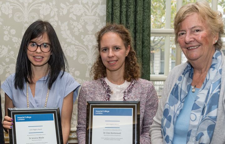 2017 winners Cleo Kontoravdi and Dr Jess Wade receive their Medals from Professor Dame Julia Higgins