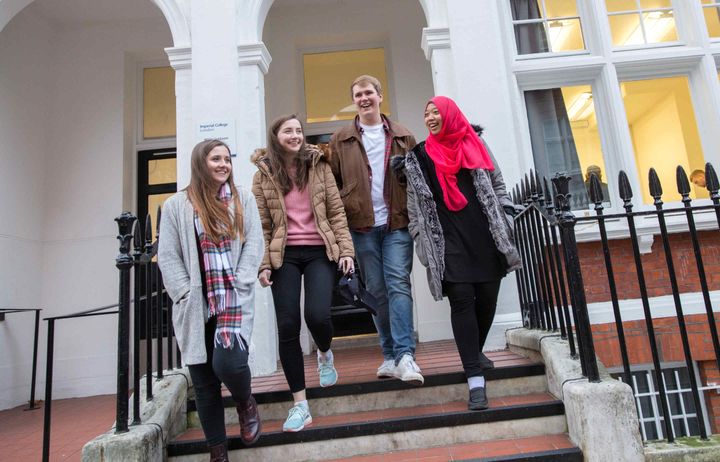 Students walking out of a building