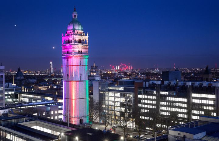 Queen's Tower illuminated in Pride colours