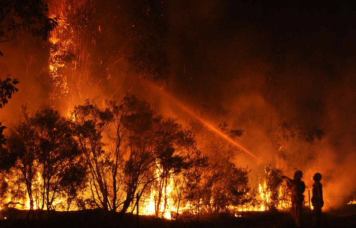 silhouettes of two firefighters tackling a forest fire.