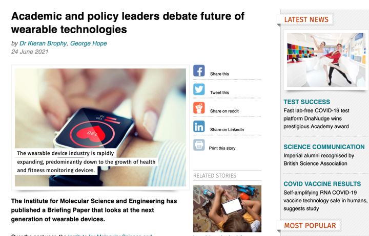 Screenshot of event about academic and policy leaders debating future of wearable technologies with an image of a wearable