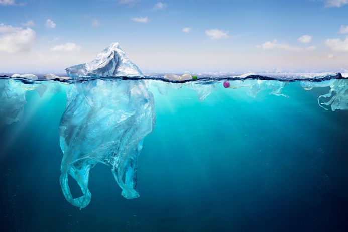 A plastic bag and bottles float in the ocean