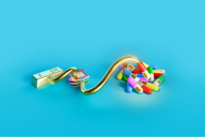 Illustration of the catalyst process from gold from sim cards through to medicine