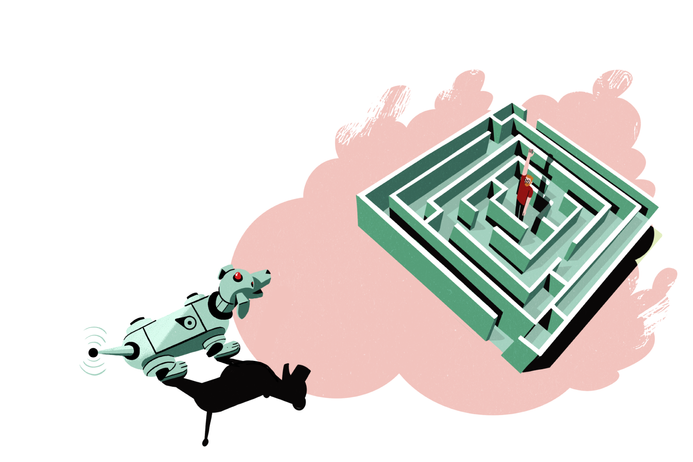 A robot dog looks over a man stuck in a maze