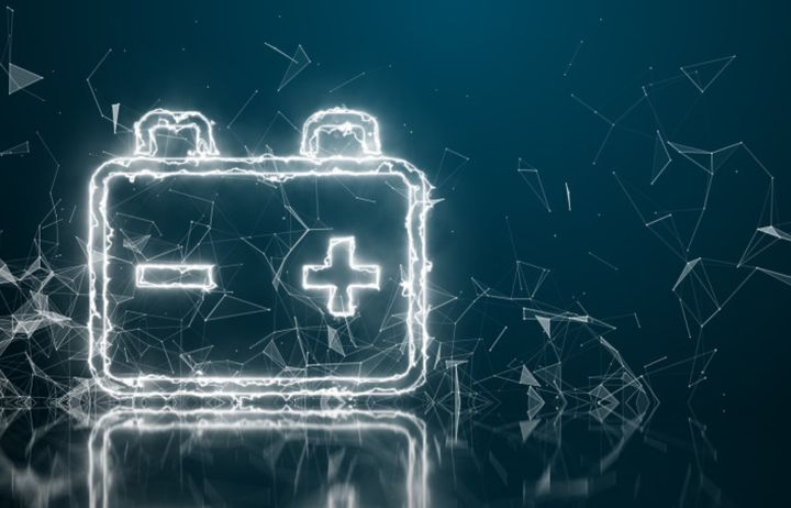 An illustration of a battery created out of electricity and fractal shapes