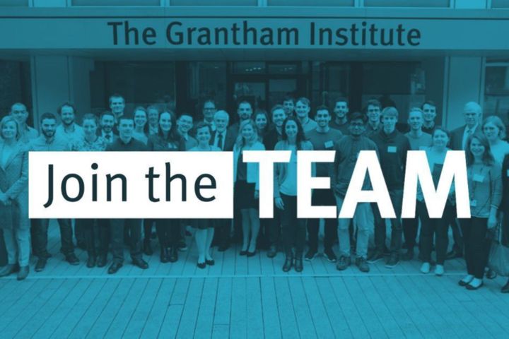 Group photo of people standing outside the Grantham Institute, with blue overlay and the text 