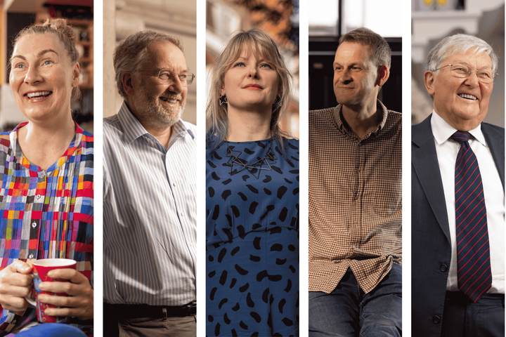 A collage of images of those involved with historical connections to Outreach. From left to right: Minna Ruohonen, Robin Grimes, Melanie Botrill, Kevin Murphy and David Phillips.