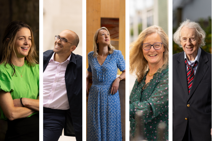 A collage of images of those involved in Pimlico Connection. From left to right: Jenny Cooke, Jad Marrouche, Claire Doyle, Natasha Martineau, and Sinclair Goodlad.