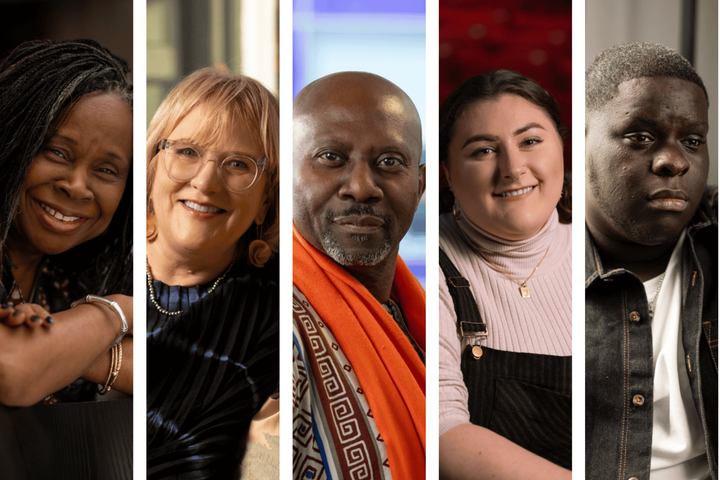 A collage of images of those involved in the 'Striving for representation' Outreach at 50 article. From left to right: Colleen Amos, Sara Rankin, Sunday Popo-Ola, Emma Watson and Yemi Abe.