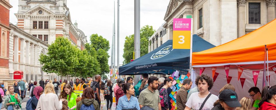 A crowd of people at Exhibition Road festival walk past stalls