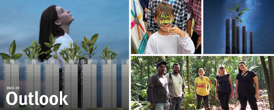 Composite of images from the Outlook magazine, including the front cover, a boy in face paint, a group of people in a forest and stylised smoke stacks