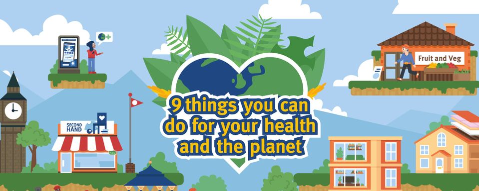 A graphic showing the 9 things you can do for your health and the planet logo - a heart-shaped globe with foliage behind it, set against a scene from the animation