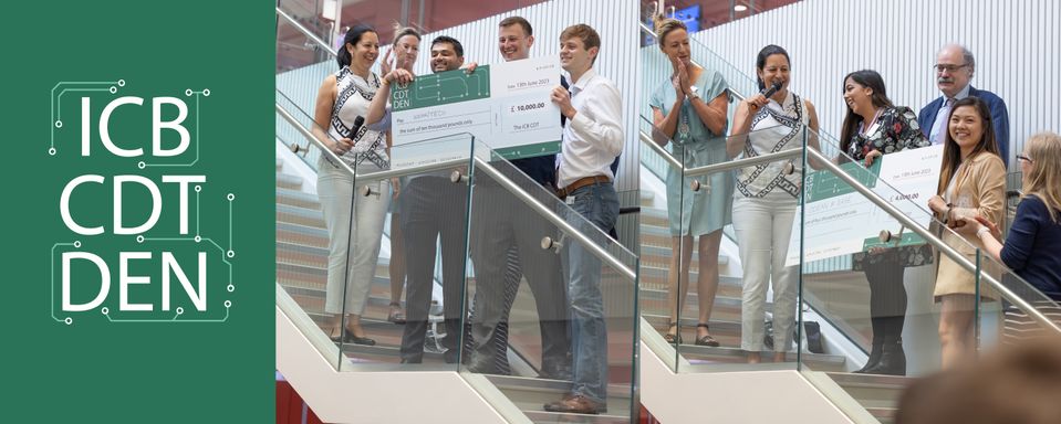 ICB CDT Den logo next to two photos of winning teams holding cheques on a staircase