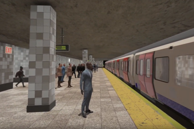 A screenshot from inside ViRSE, a virtual reality learning platform at Imperial College. A simulated crowd of people stand at a tube station platform underground while the train arrives.