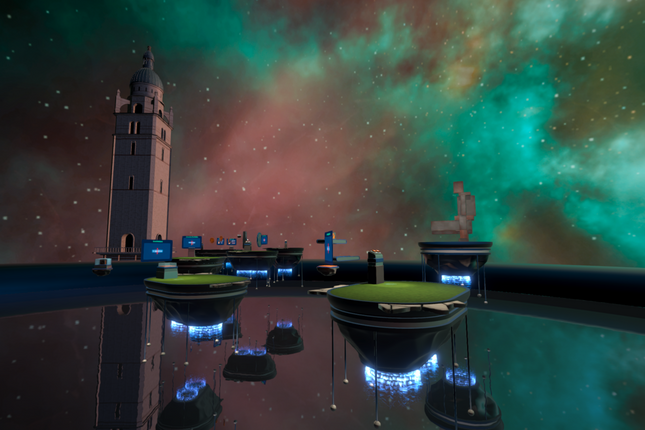 A screenshot from inside ViRSE, a virtual reality learning platform at Imperial College. This shows the ViRSE tutoral, set in fantasy sci fi landscape with floating islands and Imperial College's Queen's Tower and the ALERT Gormley sculpture, set against a background of a glowing nebula and shimmering water below.