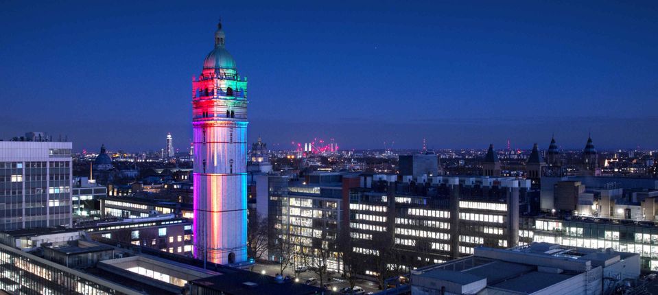 Queen's Tower illuminated in rainbow colours