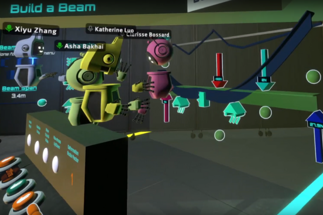 A screenshot from inside ViRSE, a virtual reality learning platform at Imperial College. Students represented as robots examine a deformed beam, with arrows and other shapes indicating forces and fixed points.