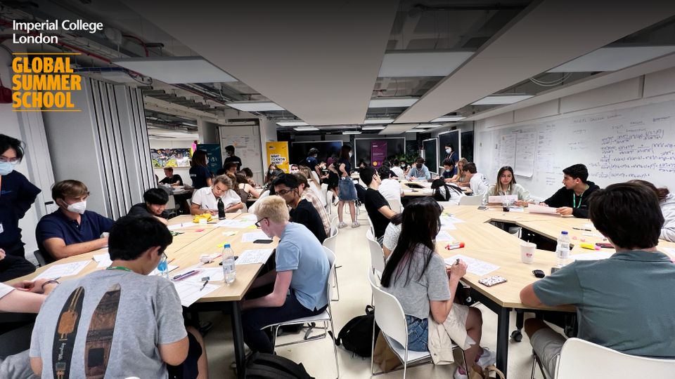 Students working together around desks at Global Summer School