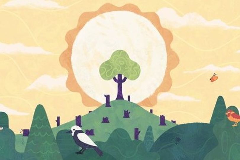 Screengrab of animation showing a rising sun framing a tree on a hill, surrounded by deforested trees
