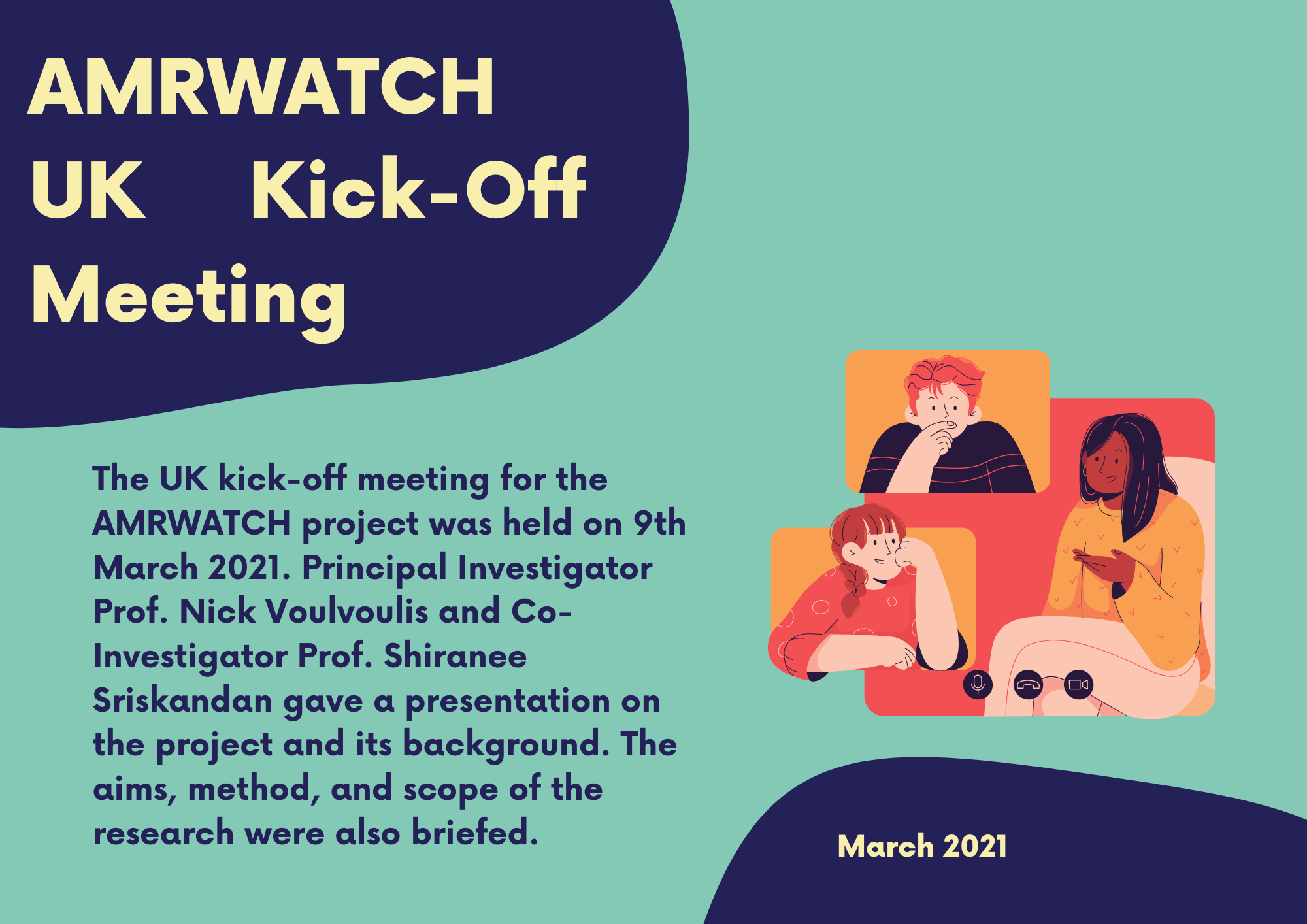 A colourful news graphic about the AMRWATCH UK kick off meeting. Text reads: 