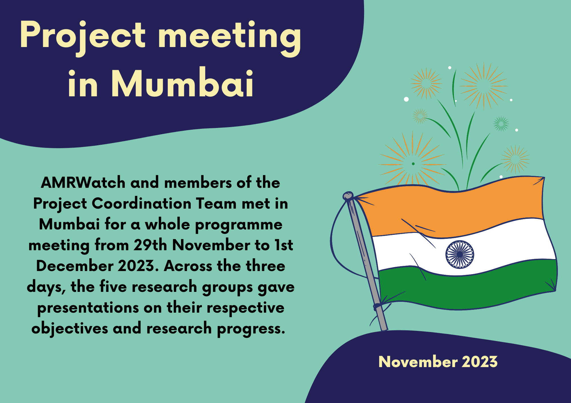 A colourful news graphic titled 'Project Meeting in Mumbai'. The text reads: 'AMRWatch and members of the Project Coordination Team met in Mumbai for a whole programme meeting from 29th November to 1st December 2023. Across the three days, the five research groups gave presentations on their respective objectives and research progress.'