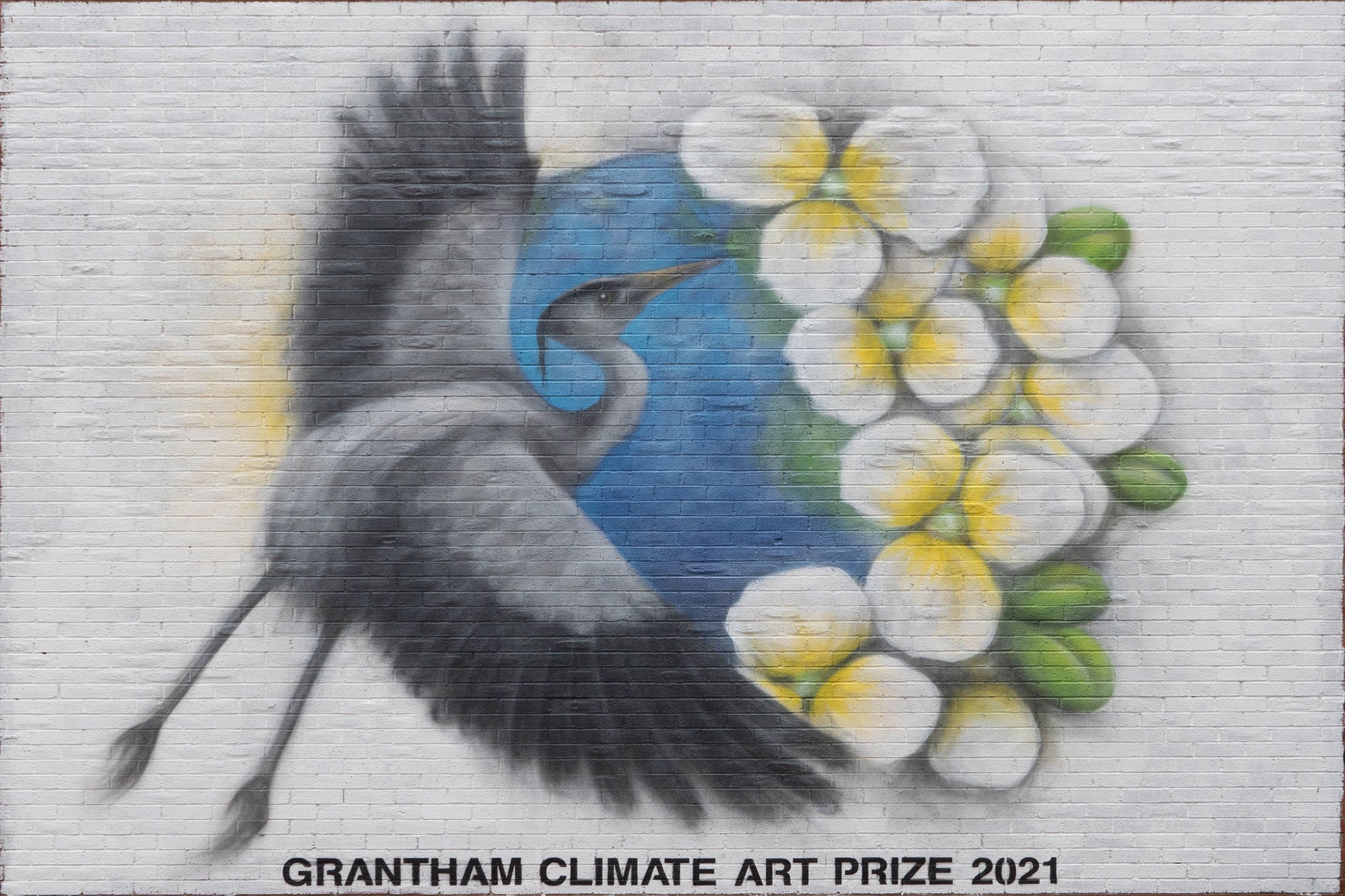 A mural of a bird and some flowers, with Grantham Climate Art Prize 2021 written underneath