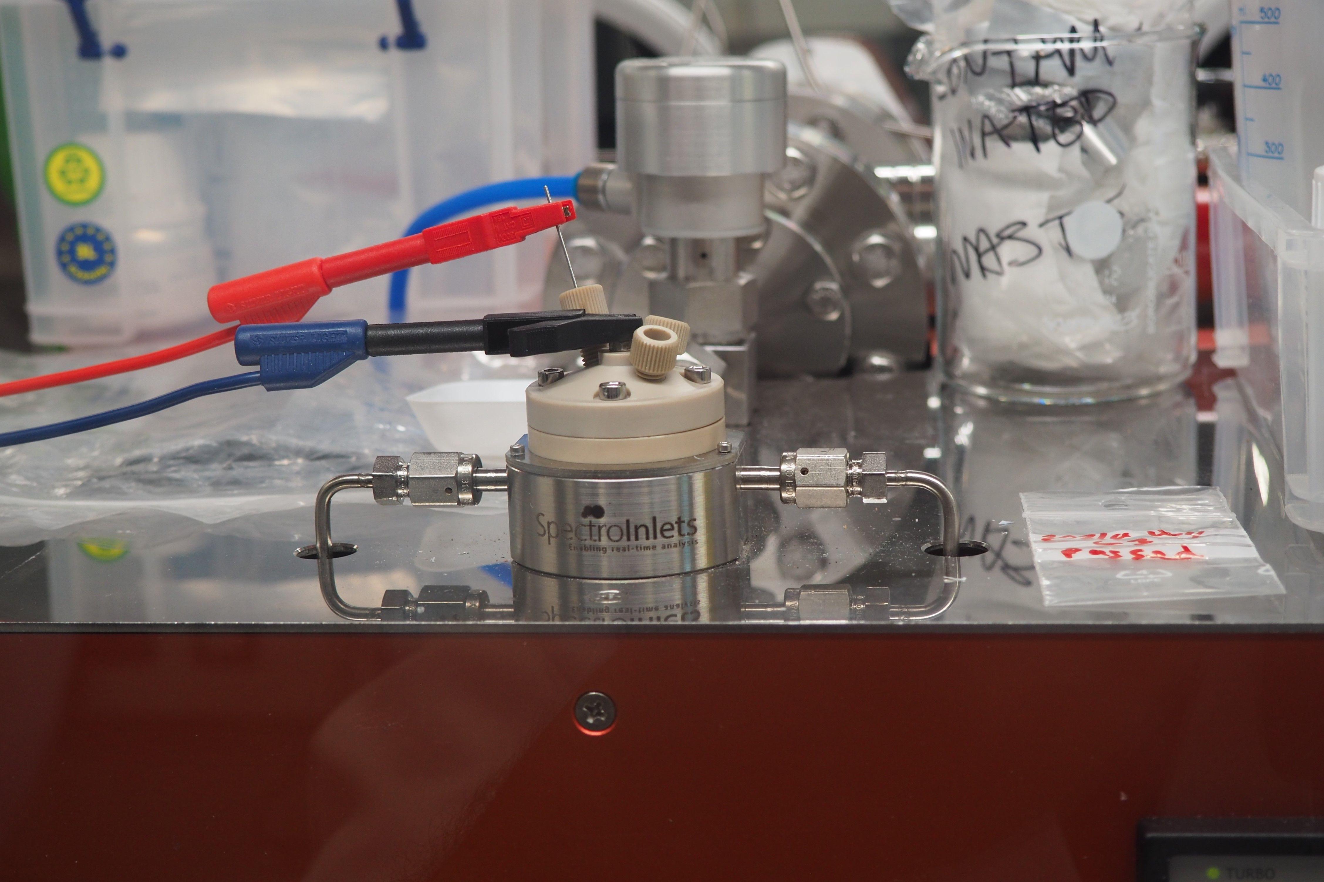 Close-up of an Electrochemistry - Mass Spectrometry setup