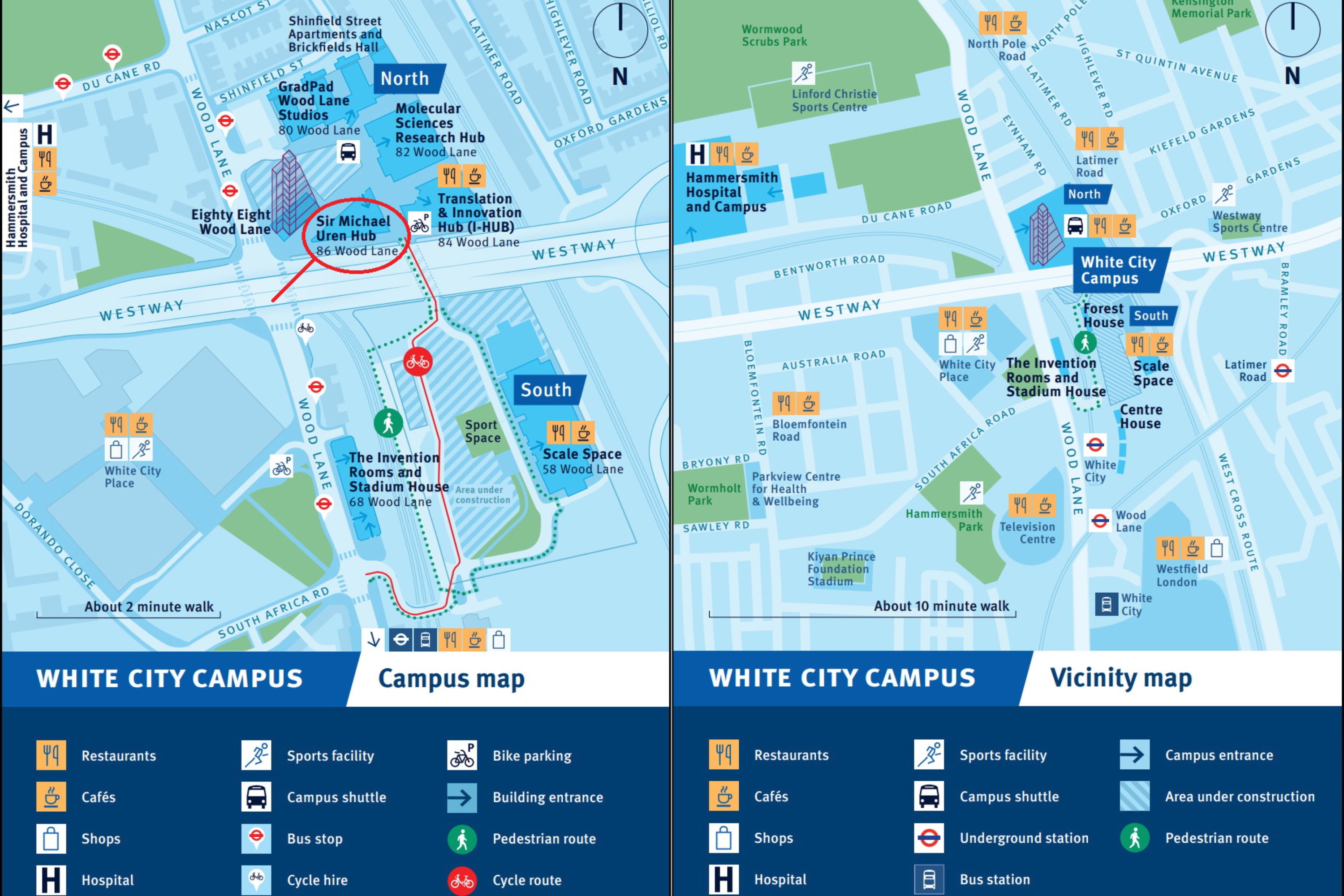 Map of Imperial College London White City Campus and its vicinities highlighting the location of the Uren building