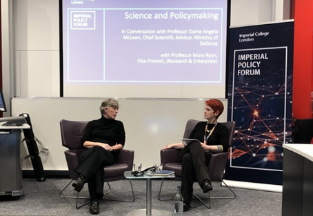 Professor Ryan in conversation with Professor Dame Angela McLean, (then) Chief Scientific Adviser at the Ministry of Defence