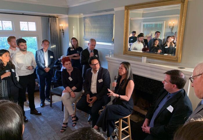 Professor Ryan moderating a panel with alumnus Wendy Tan White MBE, CEO of Intrinsic, Aldo Faisal and Michael Howell, Chief Clinical Officer at Google at the British Consulate-General in San Francisco