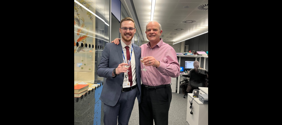Brad and Nick toasting to a successful viva!