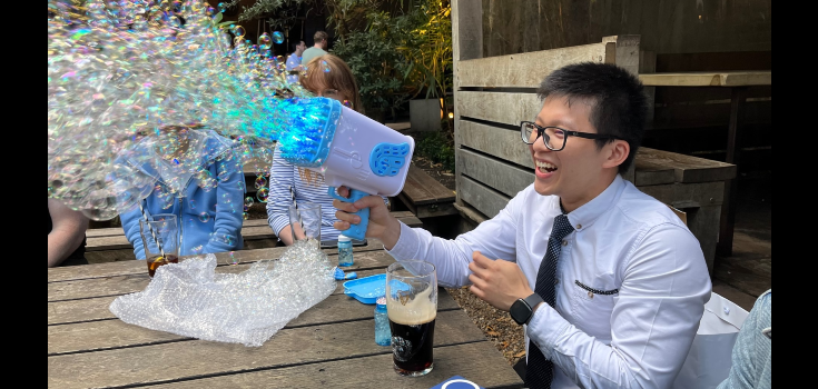 Jin celebrating his microbubble viva success with the 76 bubble bazooka gun