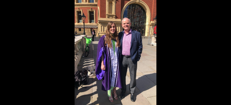 Chloe at her graduation with Nick in front of the Royal Albert Hall