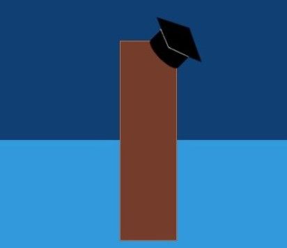Brown capital I with a mortarboard graduation hat on Imperial blue background