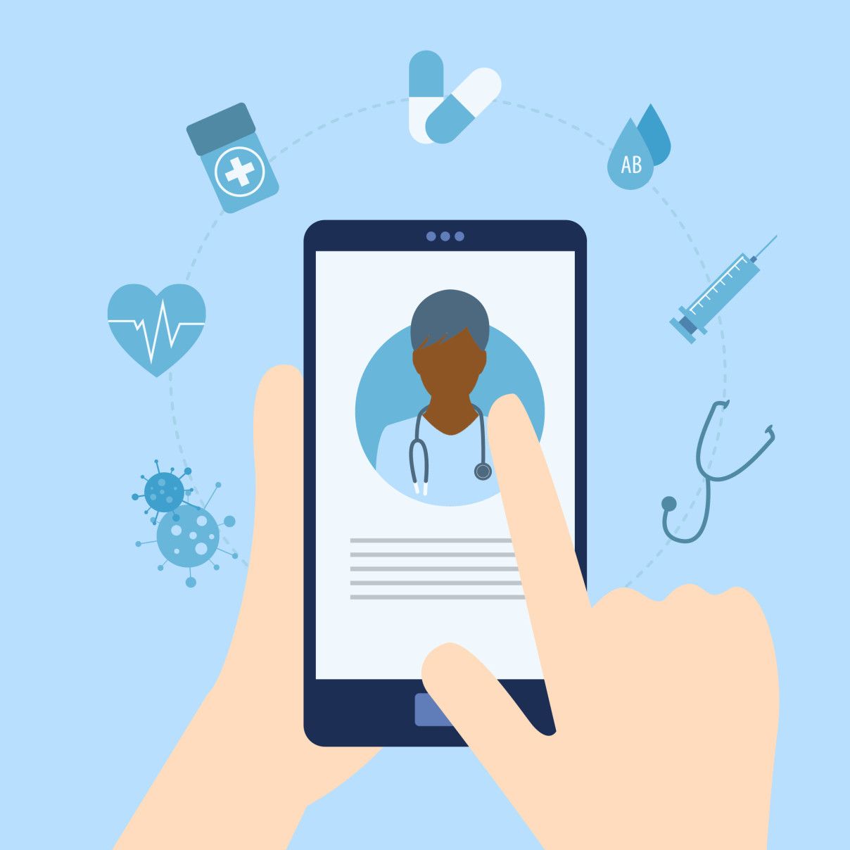 A graphic of someone holding a mobile device displaying a medical professional 