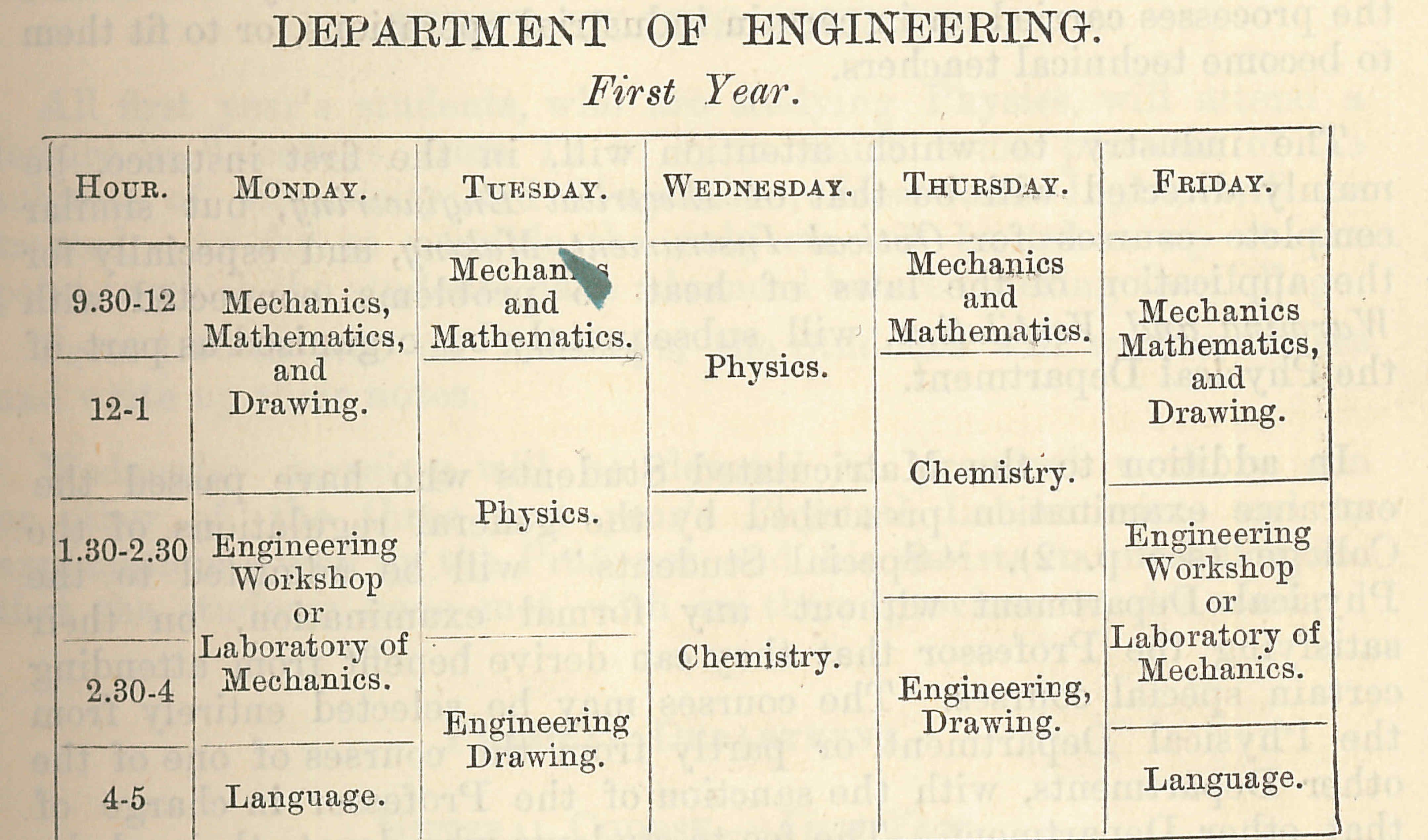 First year engineering timetable 1884