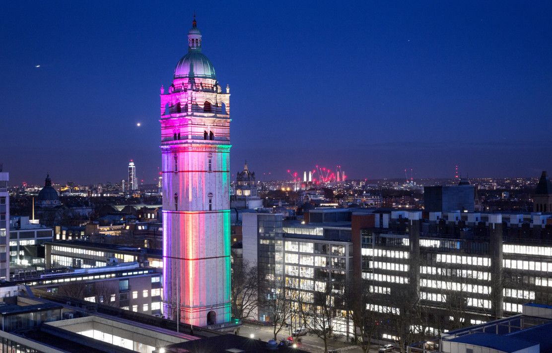 Queen's Tower illuminated in Pride colours
