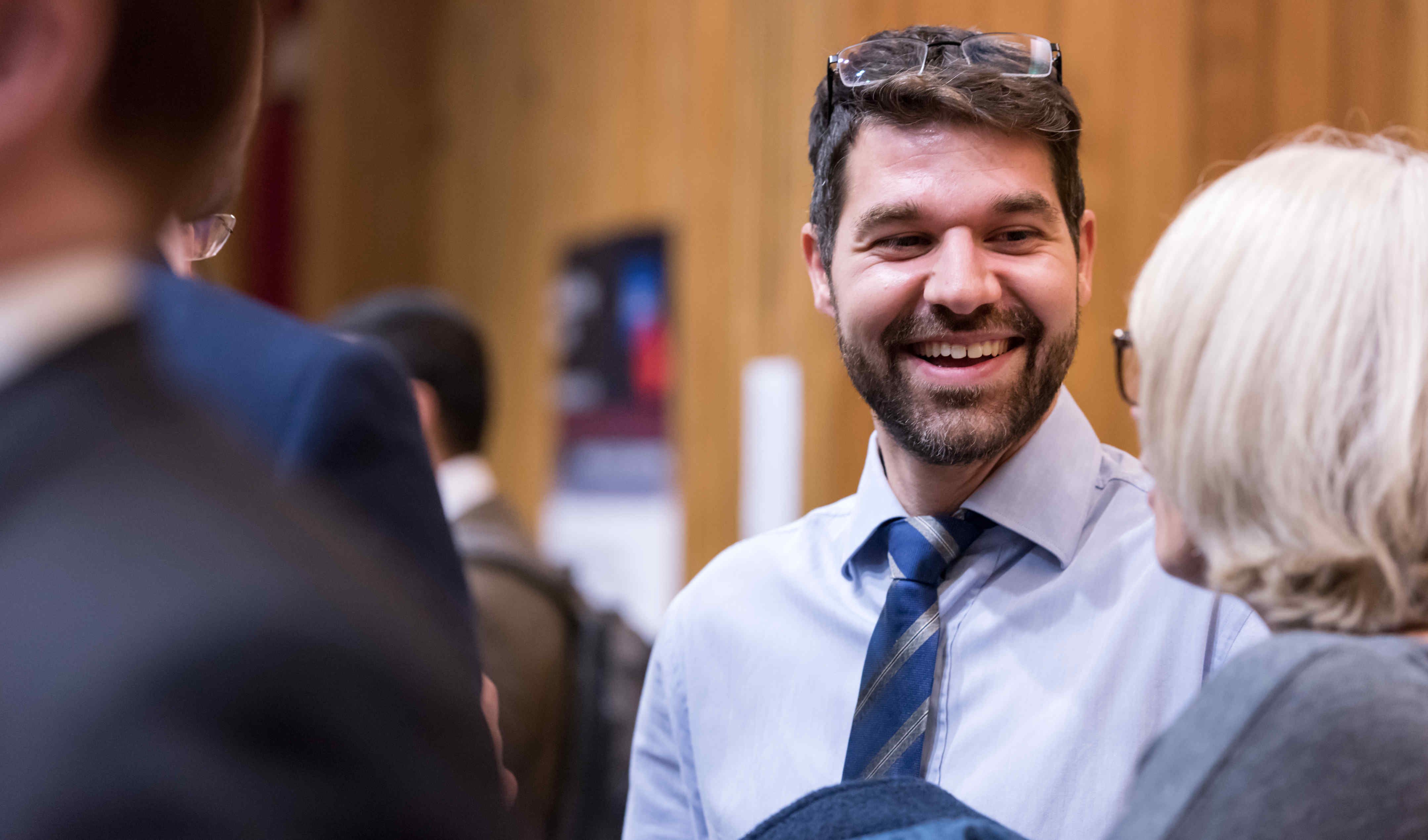 Dr Spyros Masouros networking with Professor Alison McGregor during the drinks reception. 