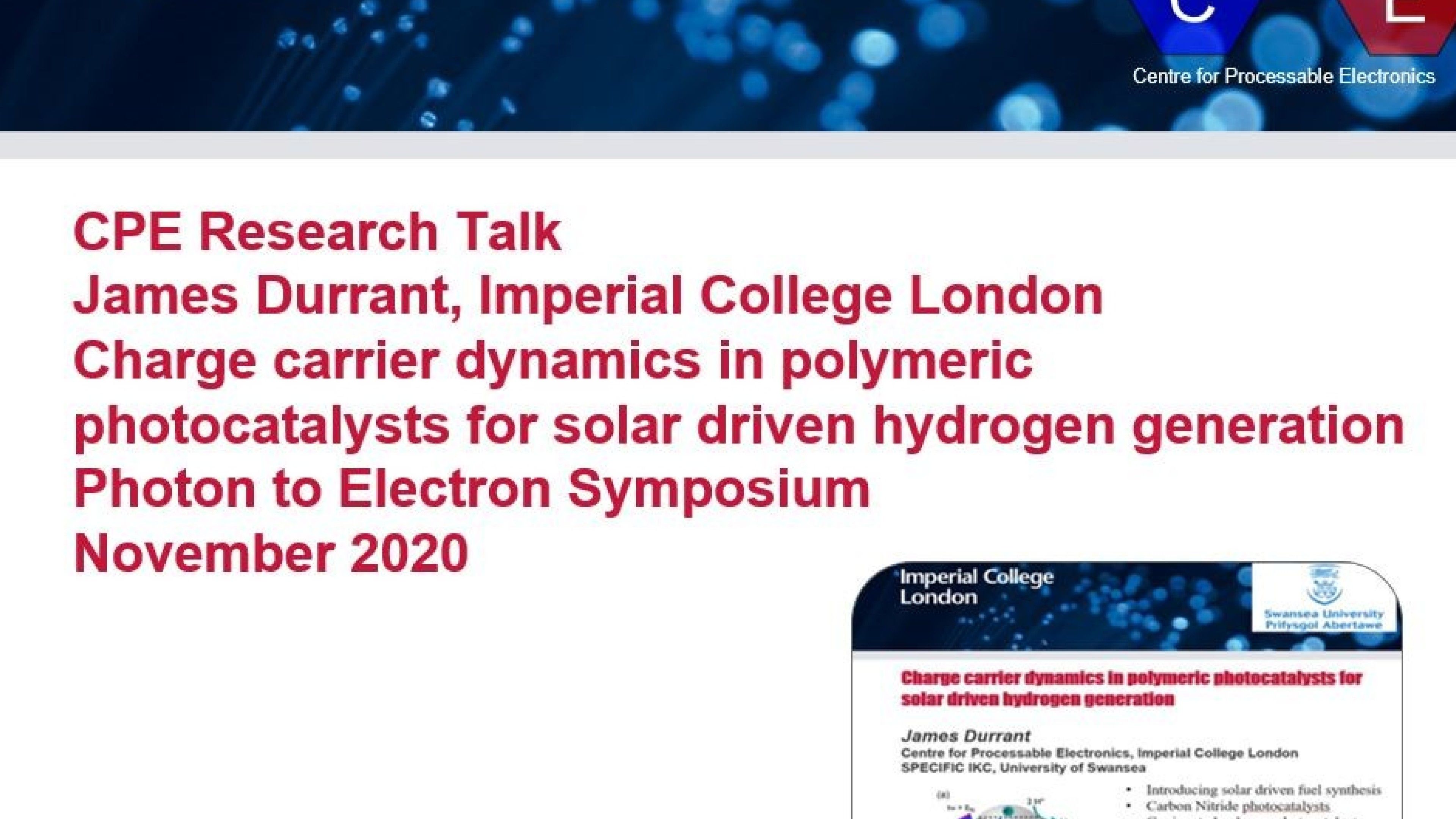 James Durrant Charge carrier dynamics in polymeric photocatalysts for solar driven hydrogen generation