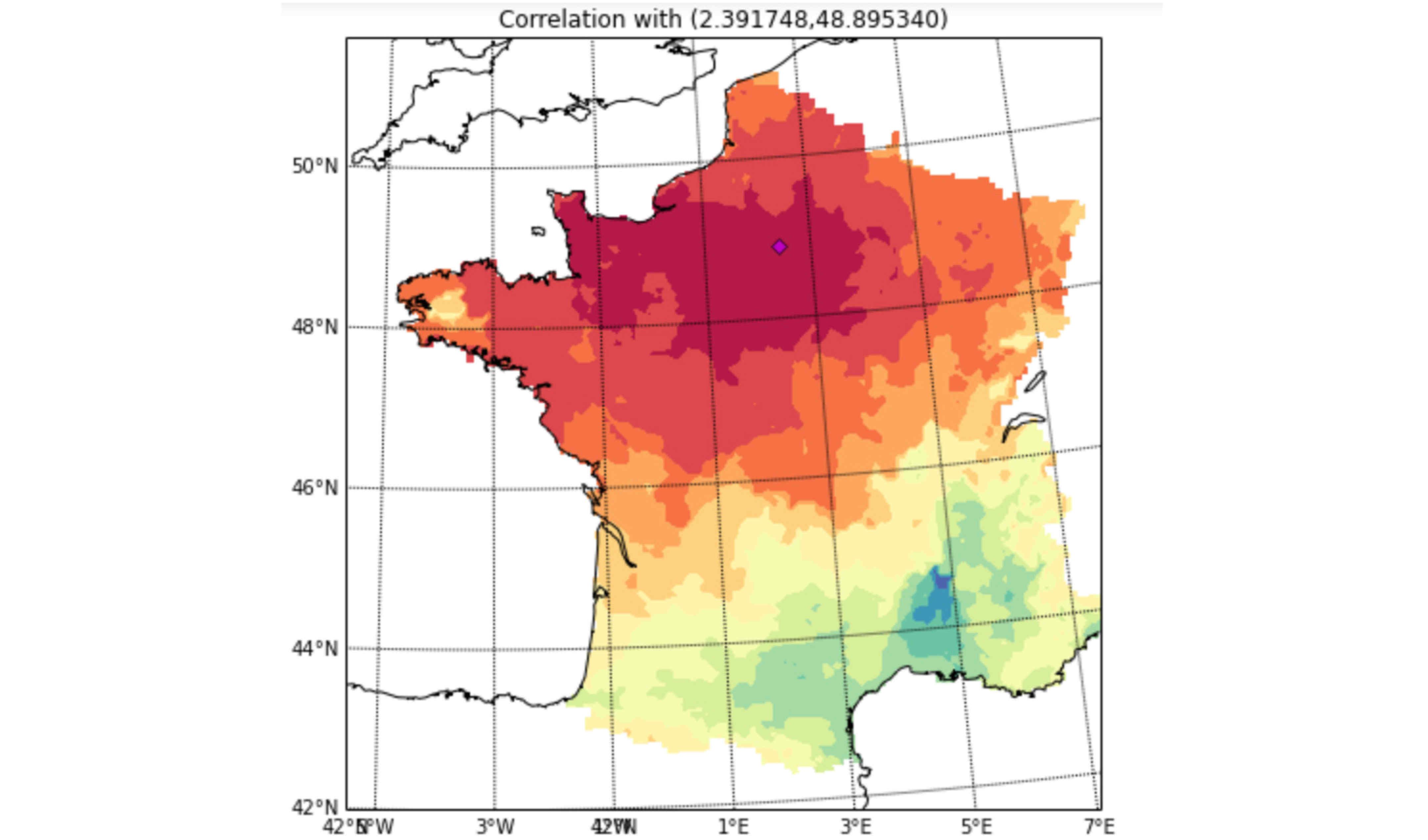 The graph shows the correlation between the wind speed observed in different parts of France and the wind speed observed in Paris 6 hours later. It illustrates the importance of precise multidimensional modelling of wind speed field for precise forecasting of wind power generation.