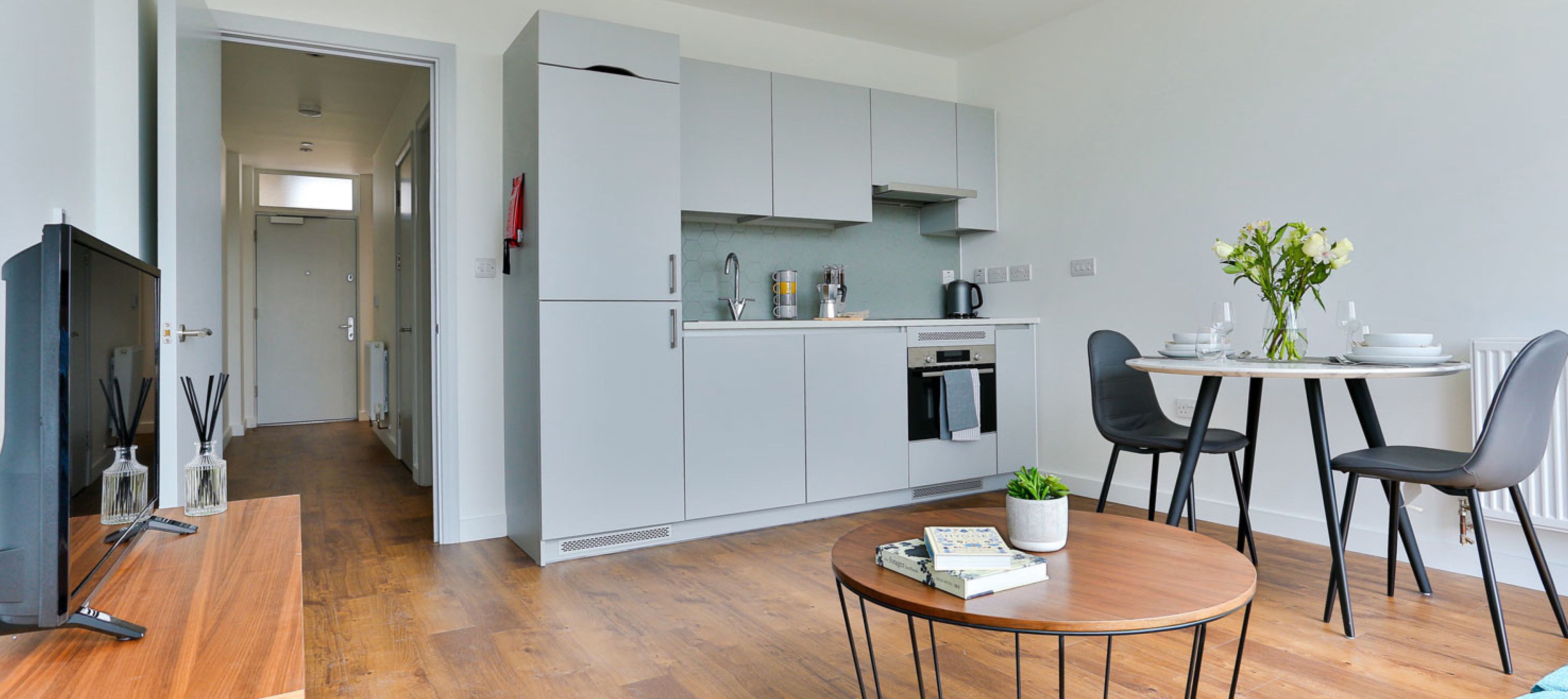 Image of the studio living area at the Clayworks Apartments in North Acton