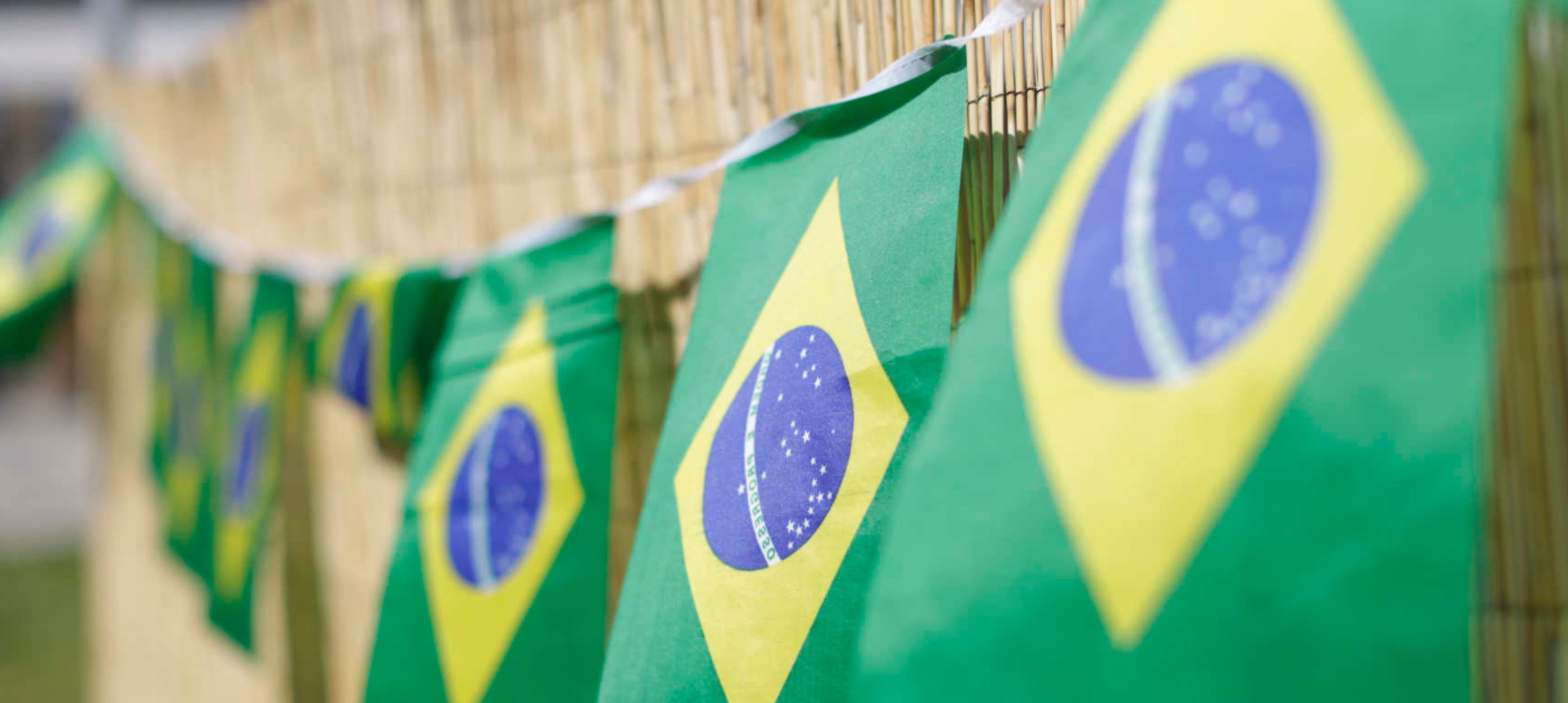 Brazilian flag bunting hanging on a cane fence