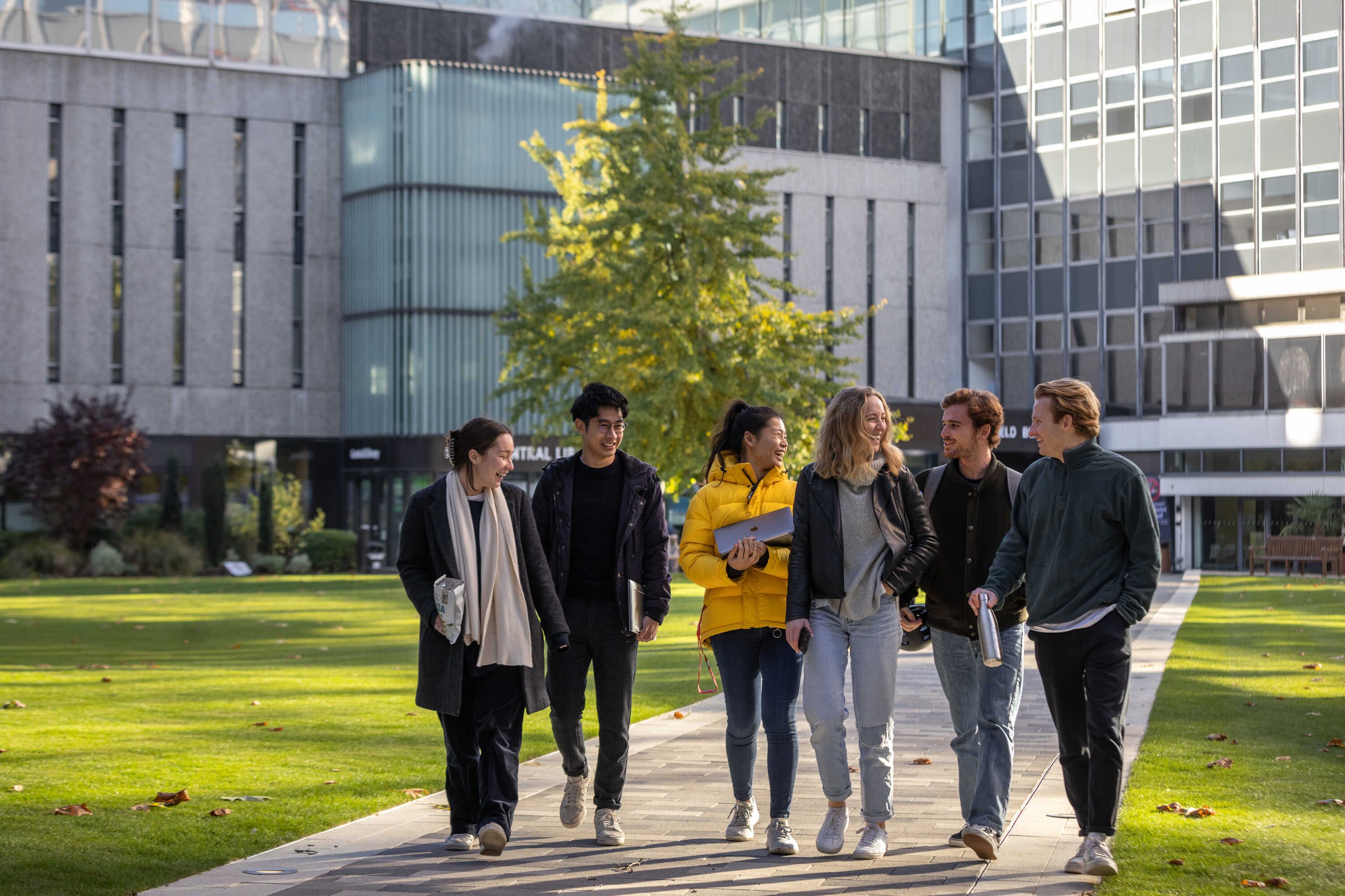 Students walking across Dangoor Plaza