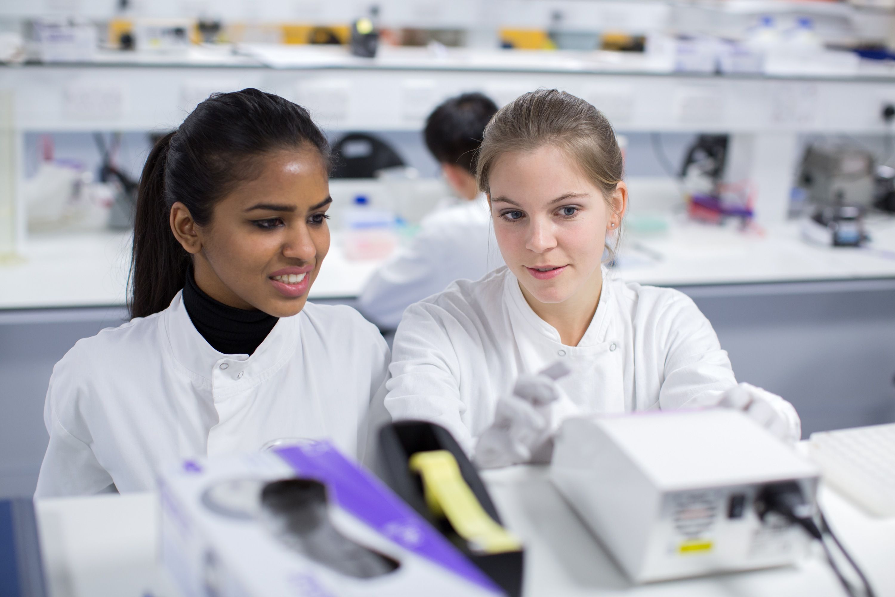 Students on the MSc in Human Molecular Genetics are shown here in the Meghraj Teaching Laboratory at Imperial’s Hammersmith Campus. During their four-week placement in the Laboratory, students learn the practical skills the