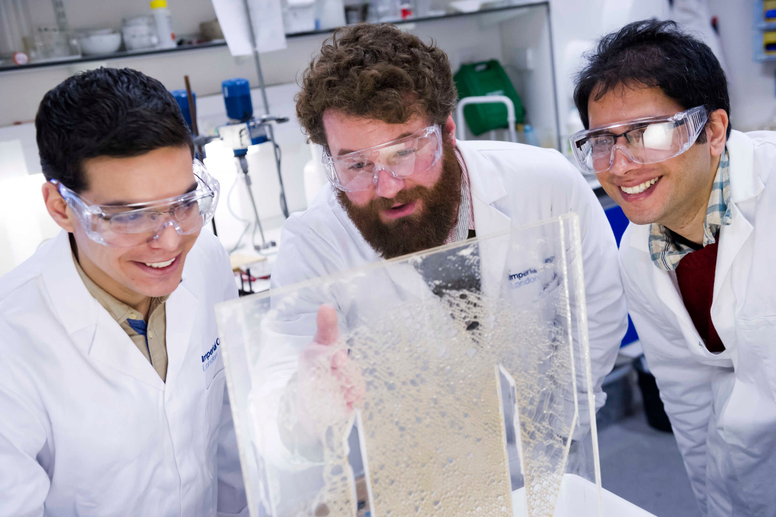 Dr Pablo Brito-Parada, Dr Gareth Morris, and PhD student Gaurav Bhutani working in the lab in the Royal School of Mines