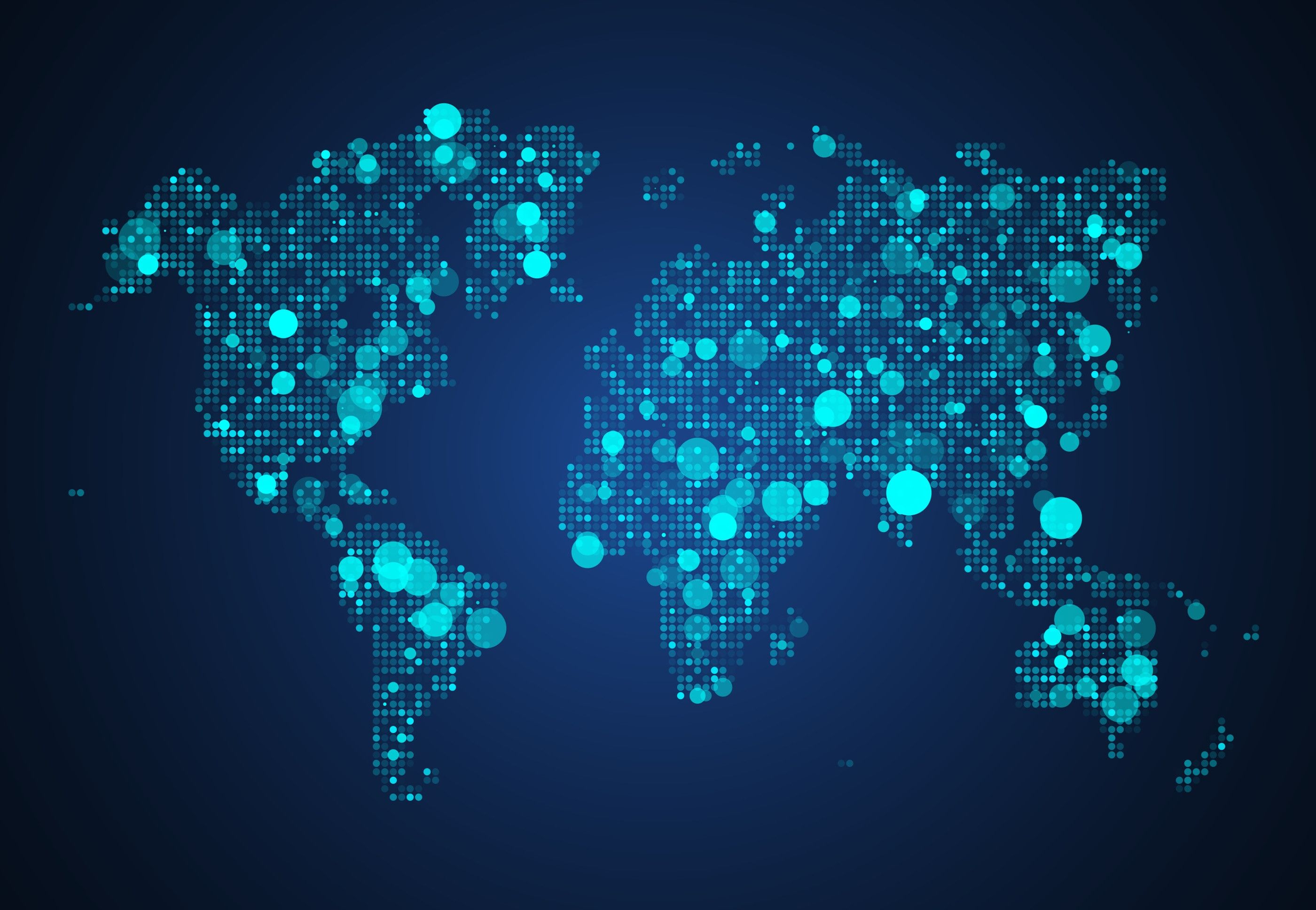 A blue, digital map of the world with different circles on different areas of the world.