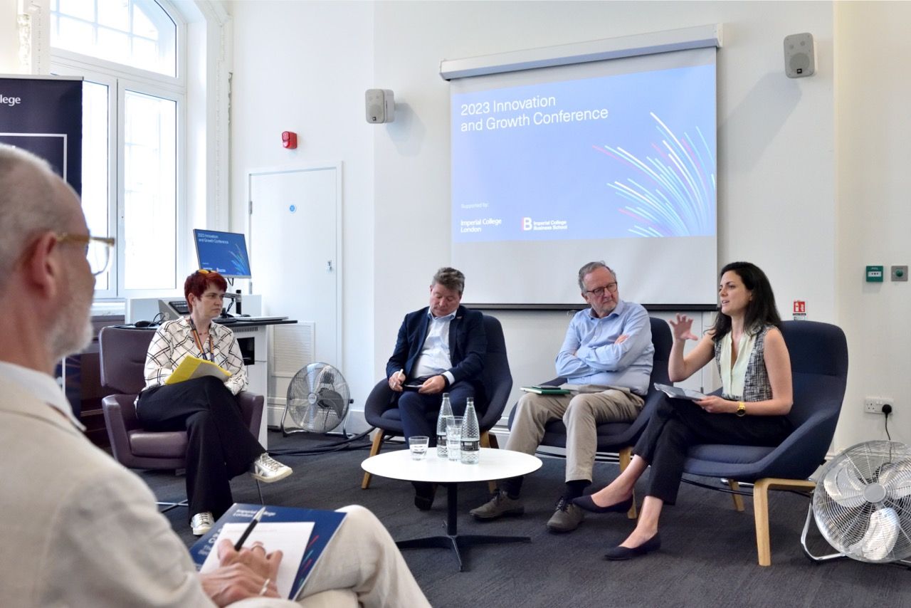 Professor Ryan chairing a panel at the launch of Imperial reports on UK's competitiveness in biopharma, medtech and telecomms