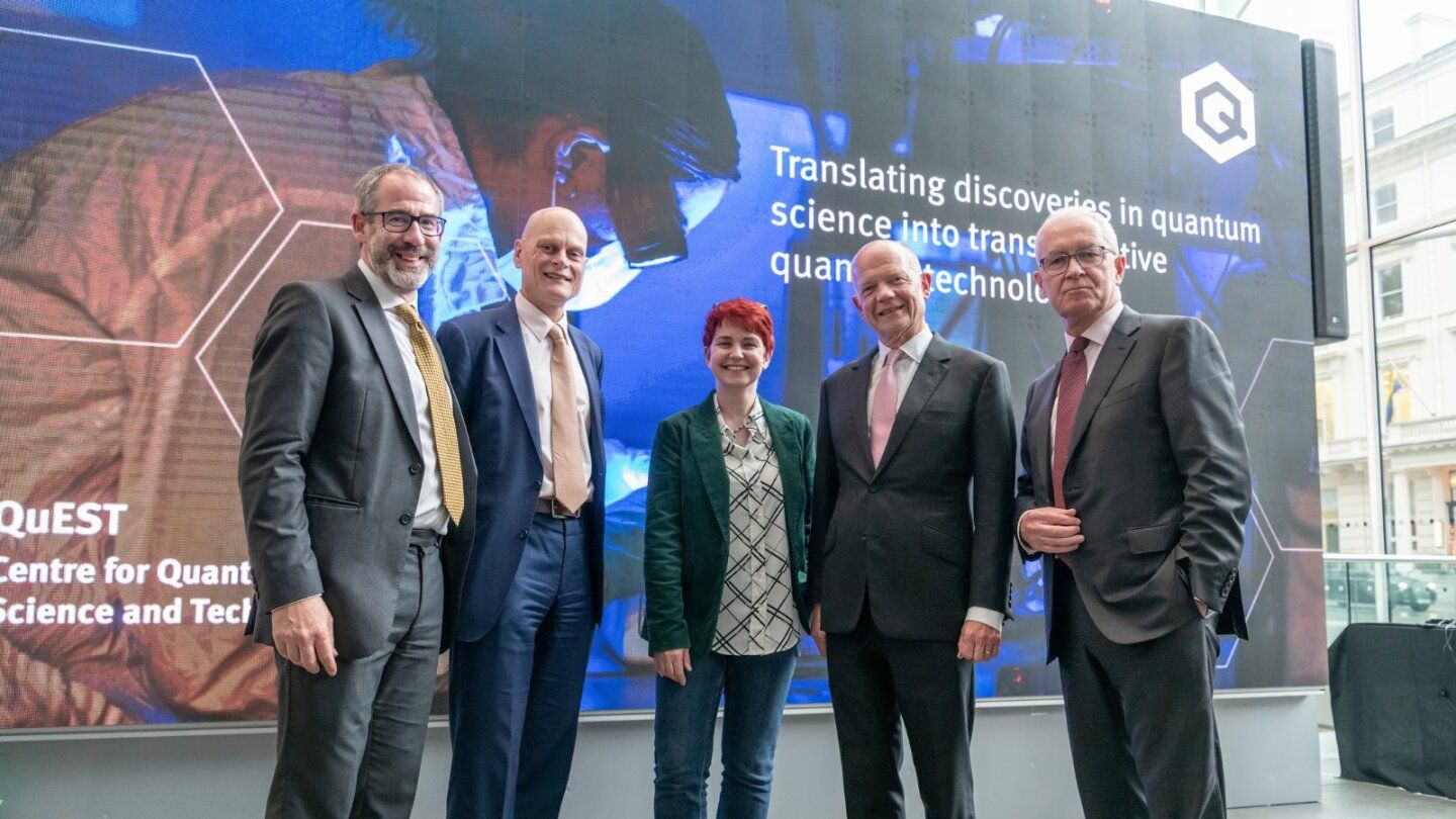 Professor Ryan with President Brady, Provost Walmsley, Peter Haynes, Vice-Provost for Education and Student experience, and William Hague at the launch of the Centre for Quantum Engineering, Science & Technology