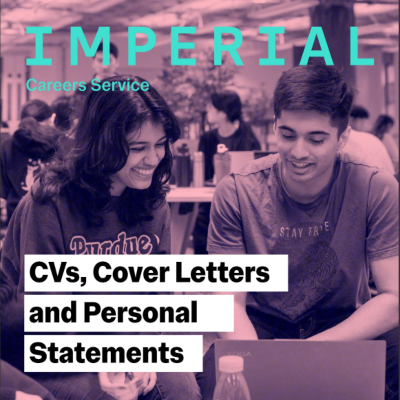 CVs, cover letters and personal statements guide front cover with Imperial logo and image of two students smiling